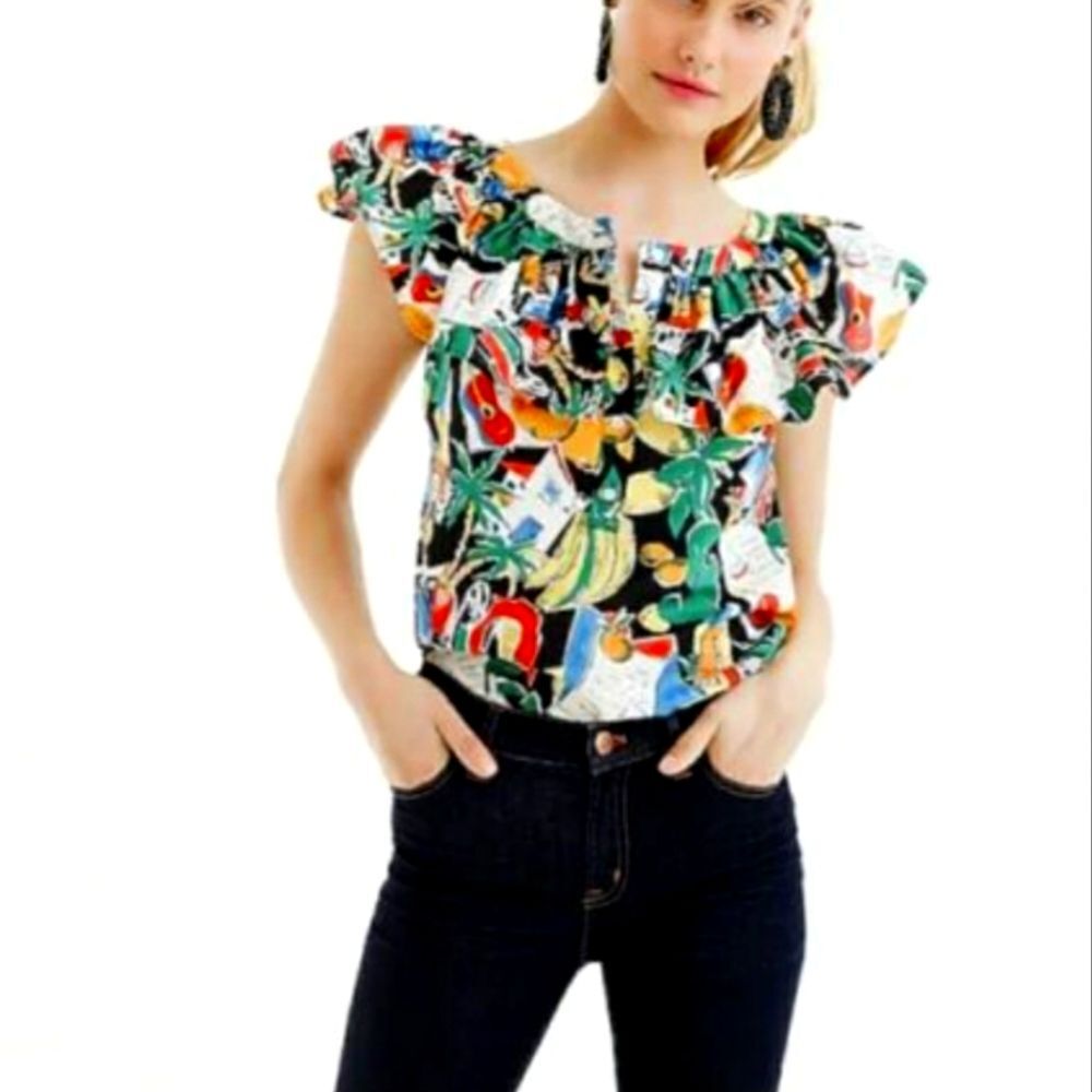 J. Crew Postcard Print Ruffle Neckline Sleeveless Top Blouse Travel Cotton